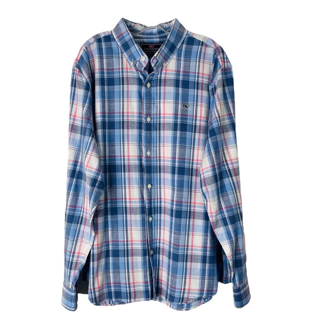 Vineyard Vines blue white pink plaid slim fit whale button down shirt 2XL